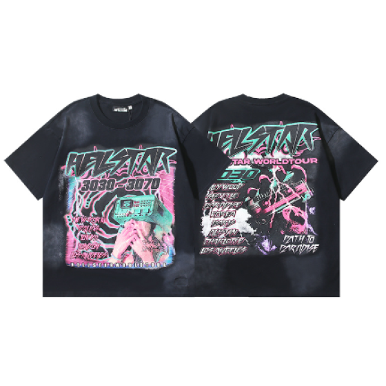 Hellstar Washed Retro Trendy Print Short-Sleeve T-Shirt